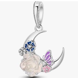 Silver Crescent Moon charm with flower that glows in the dark fits all pandoras